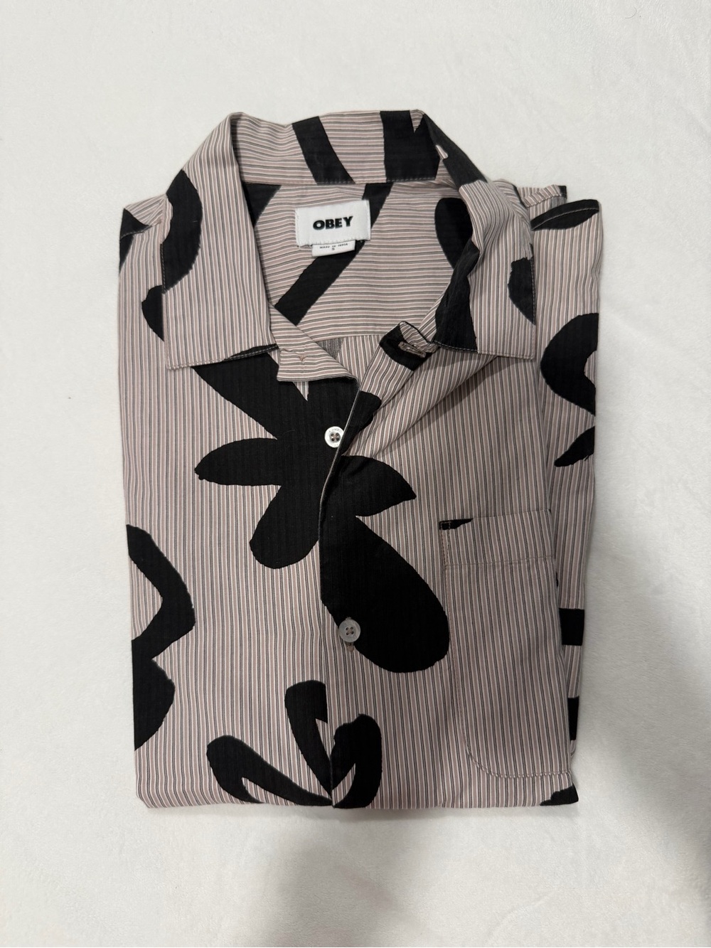 Obey Men's Stripe Button-Up Shirt with Black Floral Print